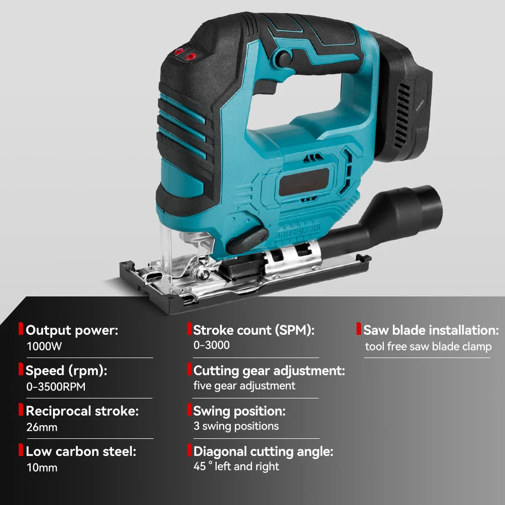 Portable Electric Jig Saw Cordless 1000W, Adjustable 45° Angle, 4 Accessories Included