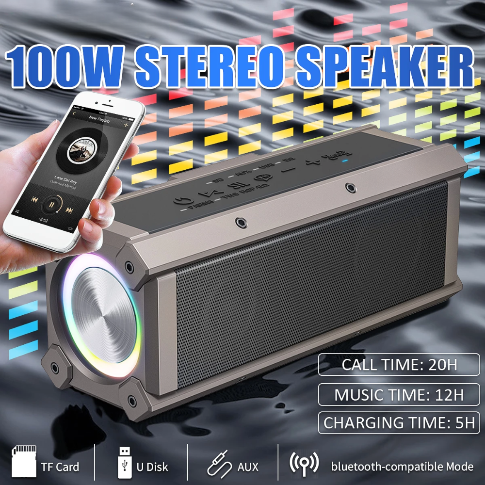 100W Wireless Speaker with Deep Bass, RGB Light Show, and TWS Stereo Pairing