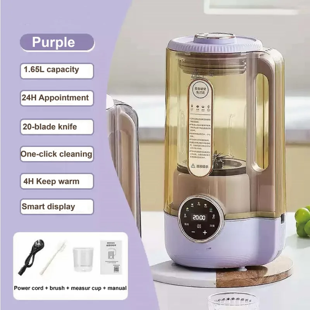 1.65L High Borosilicate Glass Soy Milk Maker Auto Cook, 20-Blade, Touch Panel