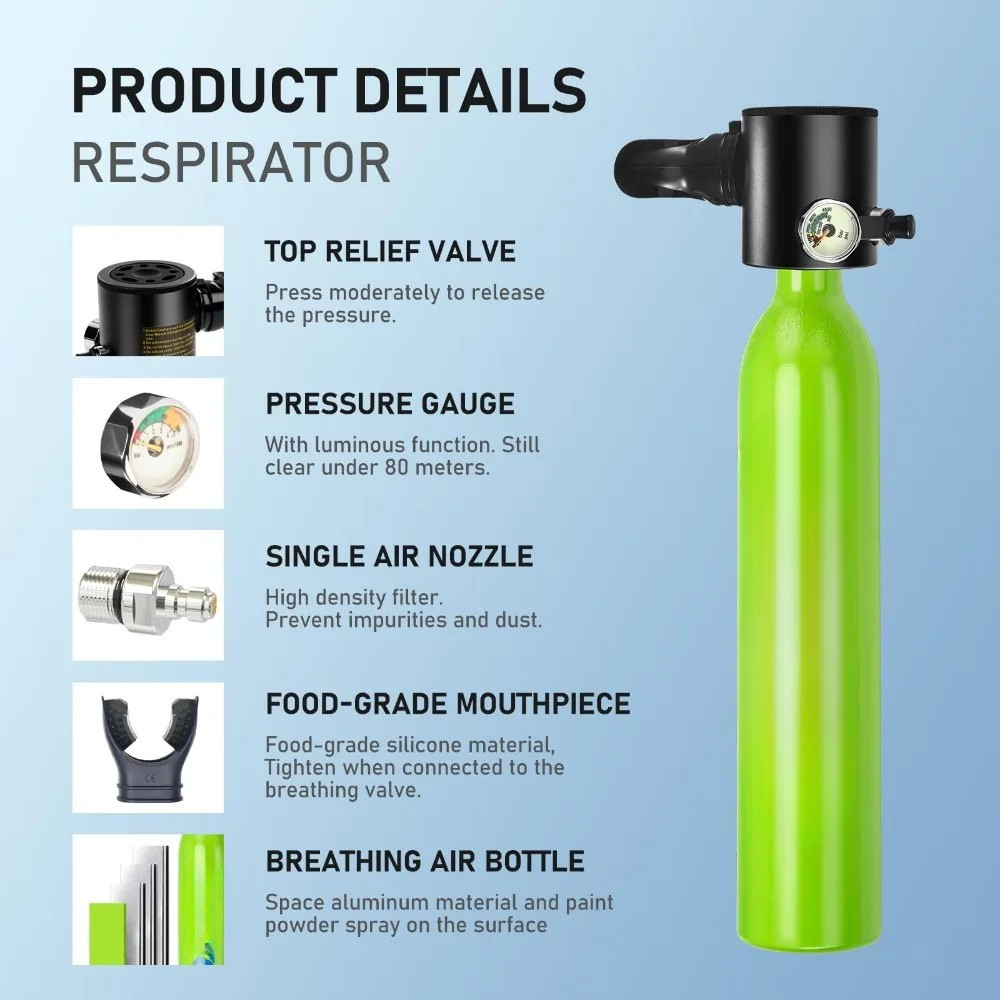 0.5L Portable Scuba Tank Green with Pressure Gauge Adapter