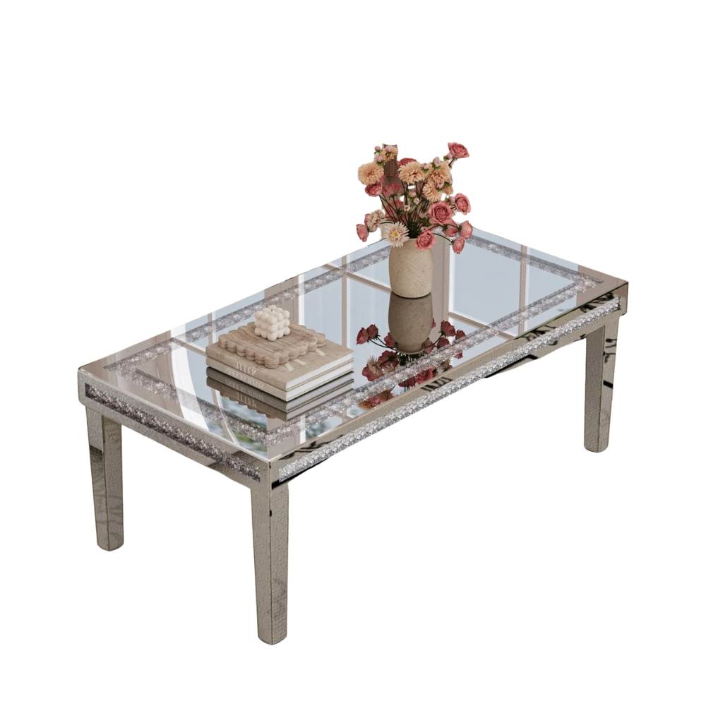 120cm Rectangular Mirrored Coffee Table with Crystal Inlay – Silver Accent Centrepiece