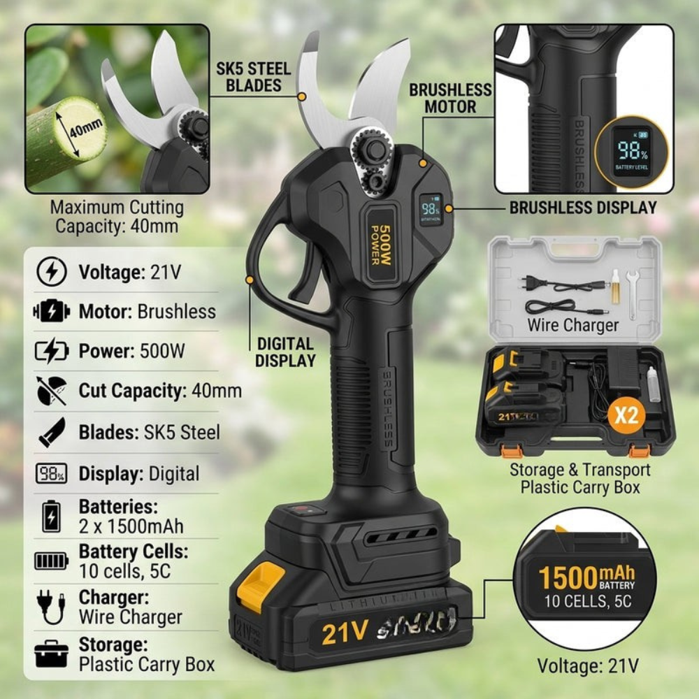 21V Cordless Brushless Pruning Shears with 40mm Cutting Capacity and Digital Display