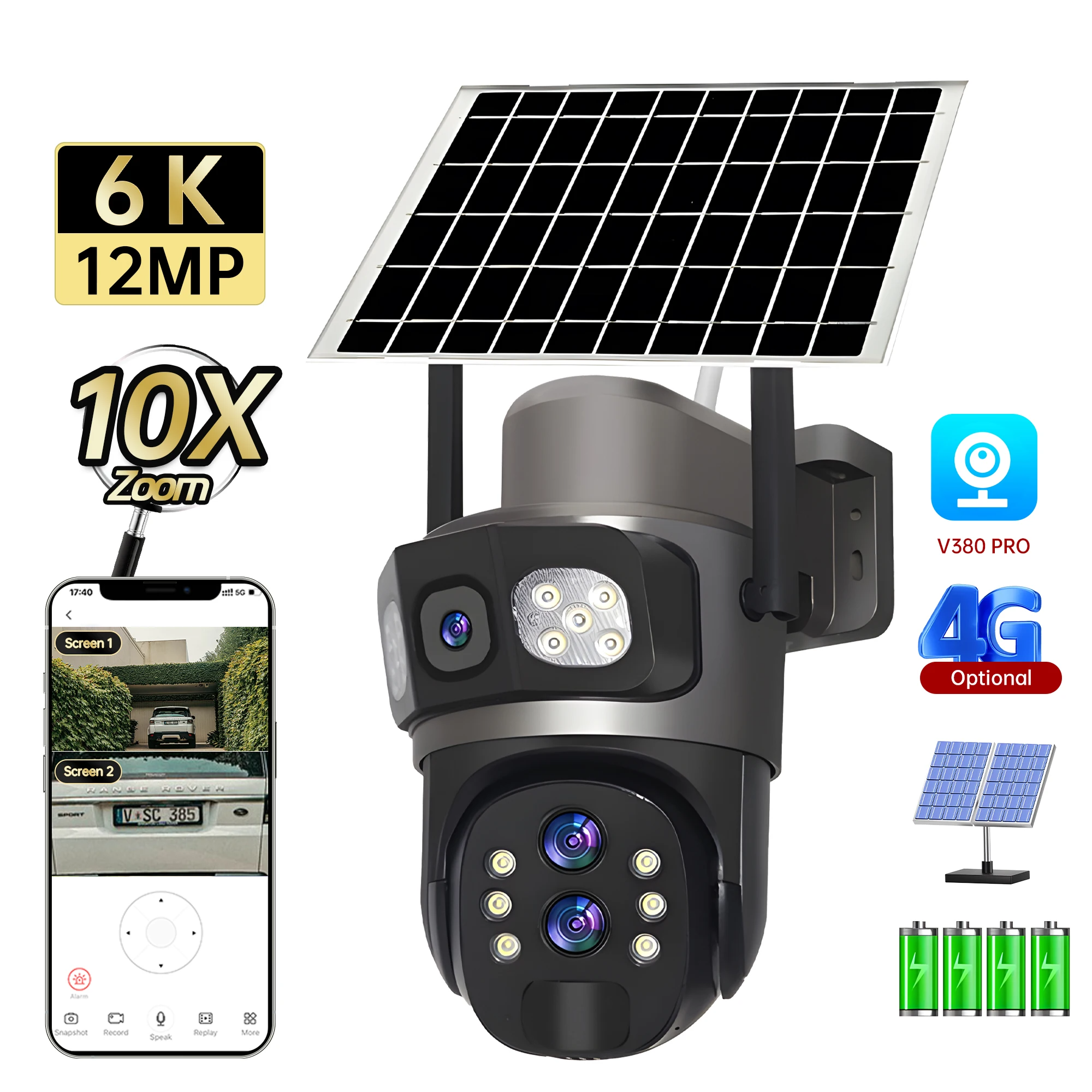 Wireless 4G Outdoor Camera with Solar Panel, 10X Zoom & AI Auto-Tracking