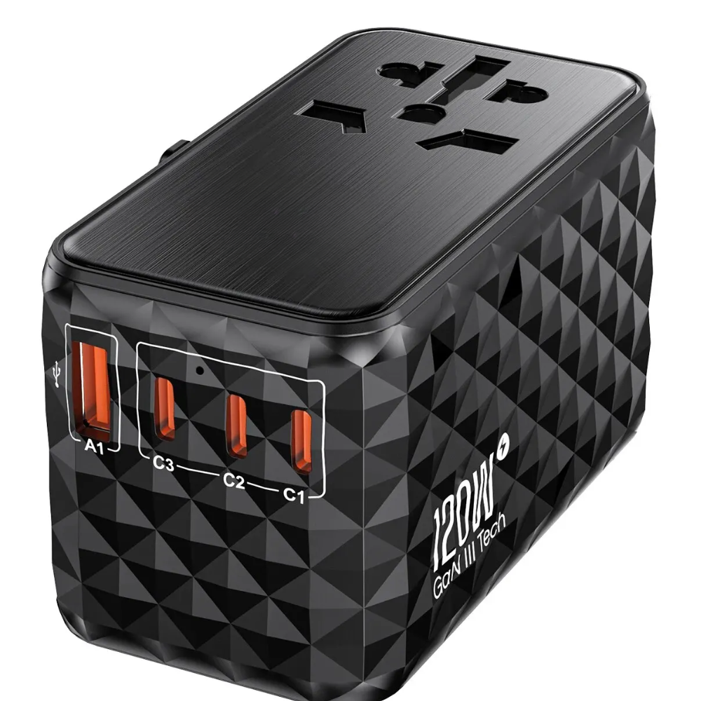 120W GaN Universal Travel Adapter with 1 AC Socket, 1 USB-A and 3 USB-C Ports