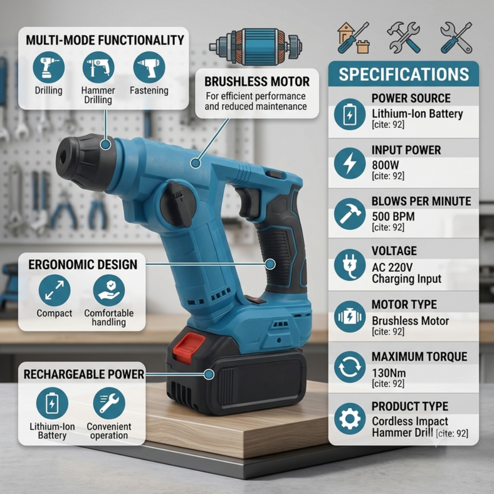 Cordless Brushless Hammer Drill with Rechargeable Lithium Battery and 130Nm High Torque