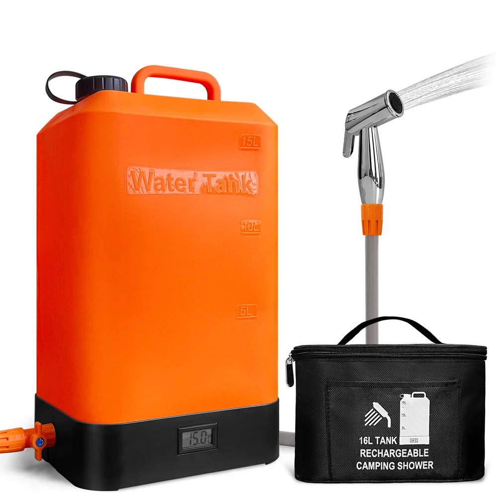 16L Portable Electric Shower for Camping IPX6 Pump with USB Recharge & Long Hose