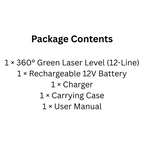 Rechargeable 360° Green Laser Level 12-Line with Battery, Charger & Carry Case