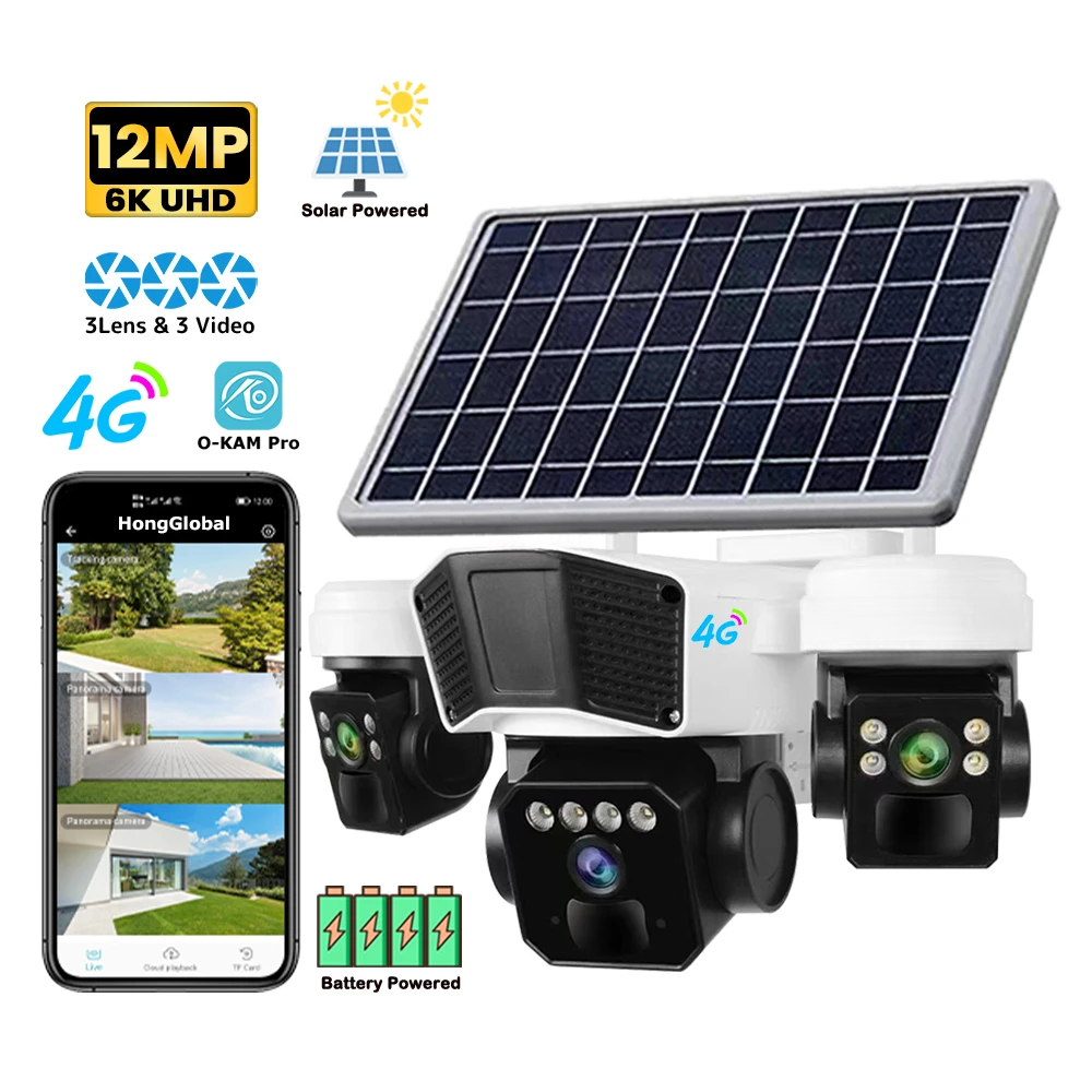 12MP 6K 4G Solar Security Camera with Triple Lens, Pan Tilt, and Night Vision