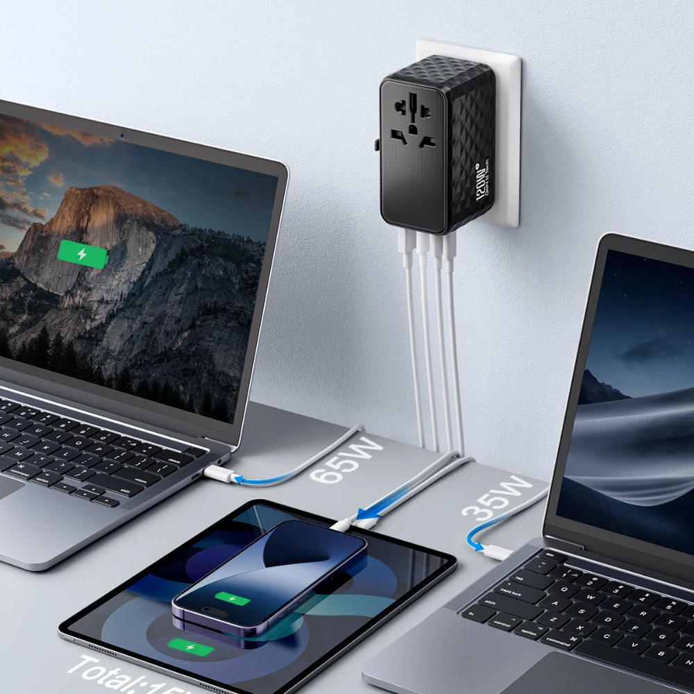 120W GaN Universal Travel Adapter with 1 AC Socket, 1 USB-A and 3 USB-C Ports