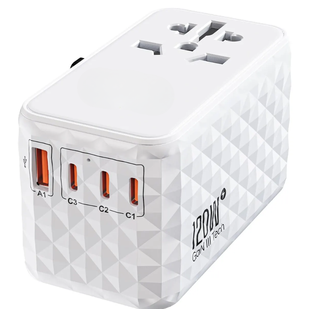 120W GaN Universal Travel Adapter with 1 AC Socket, 1 USB-A and 3 USB-C Ports