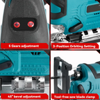 Portable Electric Jig Saw Cordless 1000W, Adjustable 45° Angle, 4 Accessories Included