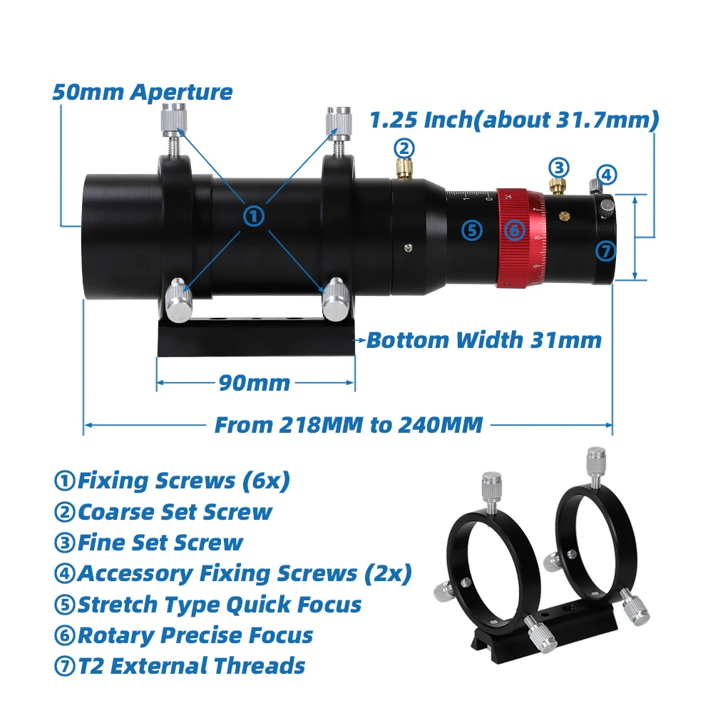 180mm Focal Length 50mm Guide Scope with FMC Coated Lens and Quick Focus