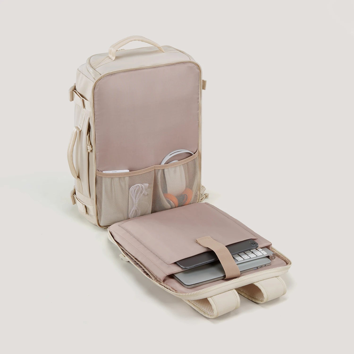 Beige Expandable Travel Backpack with USB and Laptop Slot