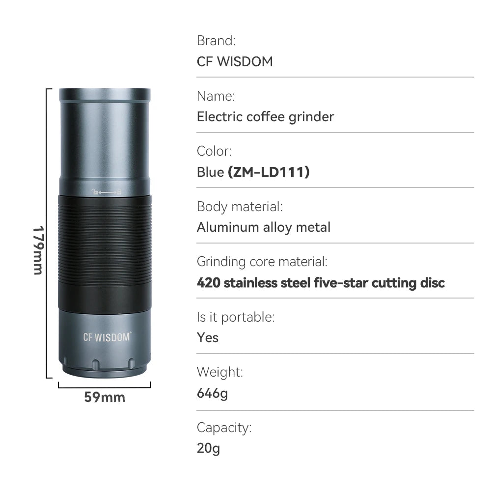 Cordless Burr Coffee Grinder ZM-LD111 – Adjustable Grind, Stainless Steel, Travel-Friendly Design
