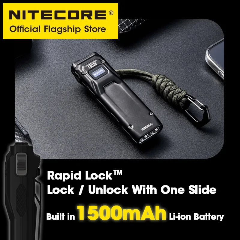 EDC23 Compact LED Flashlight with 2500 Lumens, OLED Screen & Built-In Battery for Outdoor Use