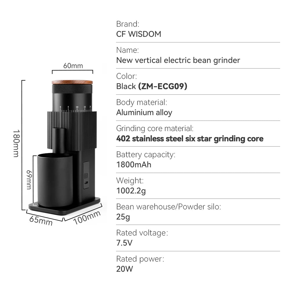 Rechargeable Coffee Grinder – CF Wisdom ZM-ECG09 Precision Grinder for Travel, Office or Home Use
