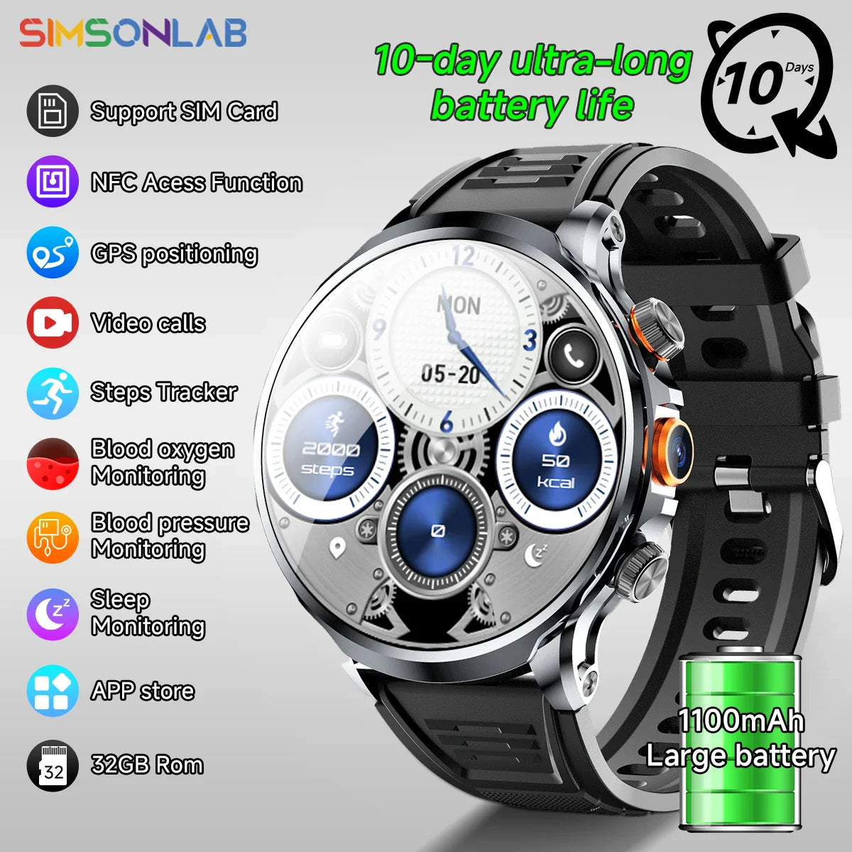 1.85" AMOLED 4G Smartwatch with SIM & GPS