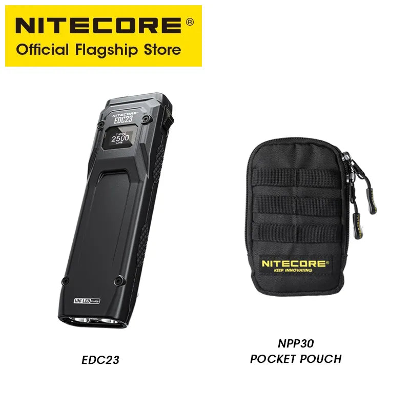 EDC23 Compact LED Flashlight with 2500 Lumens, OLED Screen & Built-In Battery for Outdoor Use