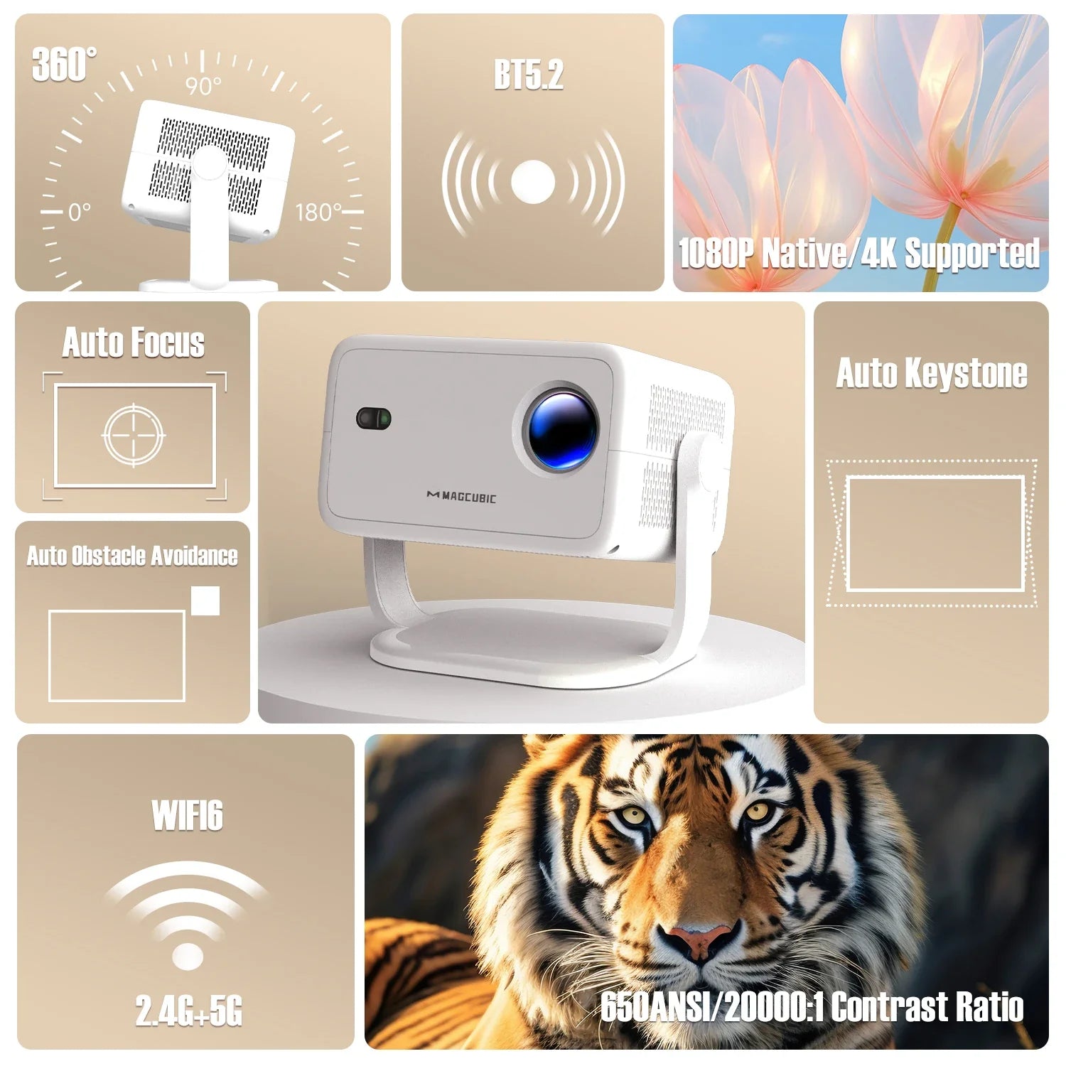 Portable 4K Home Projector with Auto Focus & WiFi6