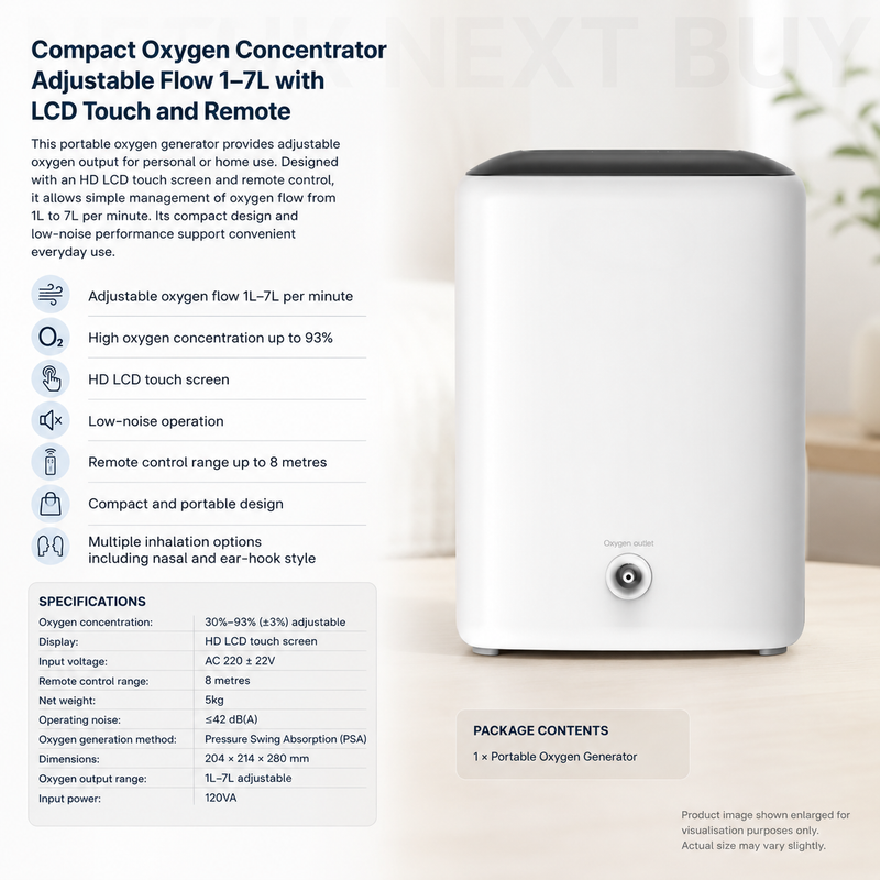 Portable Oxygen Concentrator with 1–7L Adjustable Flow, LCD Touch Screen and Remote