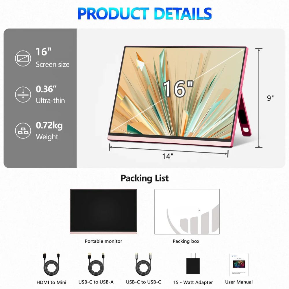 16" Portable 2.5K Gaming Monitor with 144Hz, 100% sRGB, USB-C & Mini HDMI – For PS5, Switch, PC