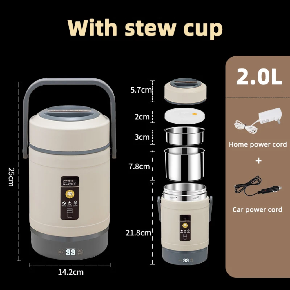 Stainless Steel Electric Food Warmer & Rice Cooker – Double-Layer Design, 12V Car & Home Use