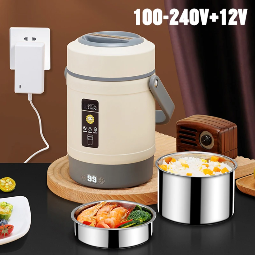 Stainless Steel Electric Food Warmer & Rice Cooker – Double-Layer Design, 12V Car & Home Use
