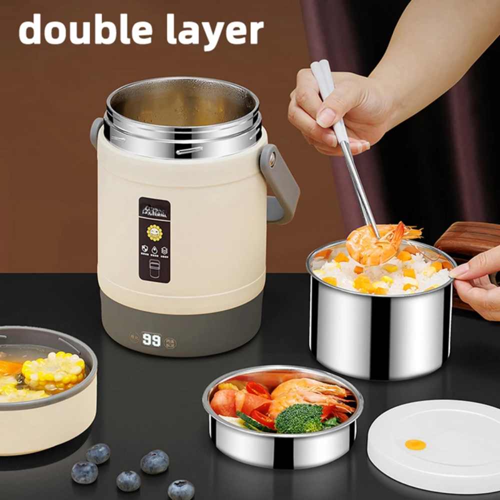 Stainless Steel Electric Food Warmer & Rice Cooker – Double-Layer Design, 12V Car & Home Use