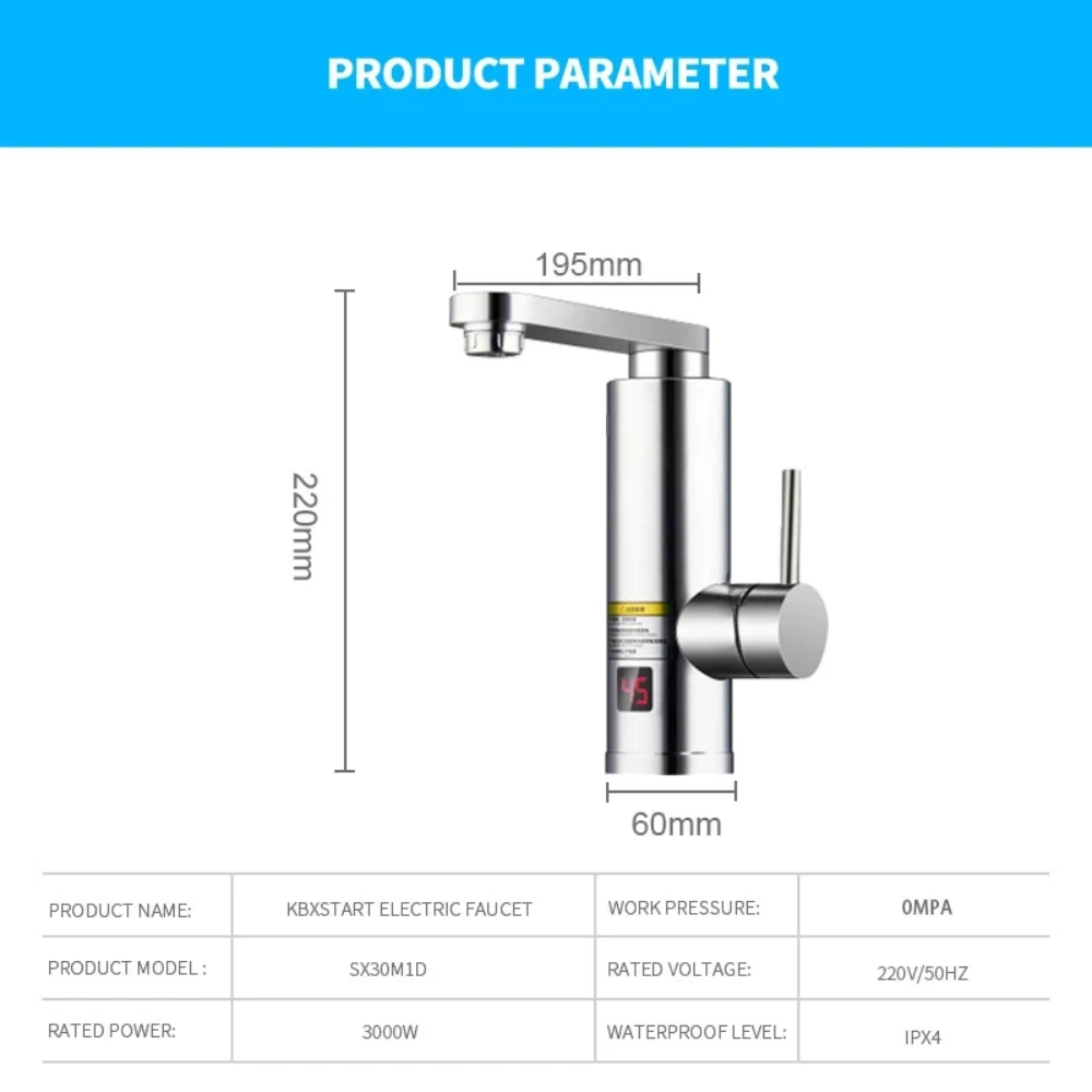 3000W Electric Instant Hot Water Tap – Tankless Faucet with Digital Temp Display for Kitchen & Bathroom