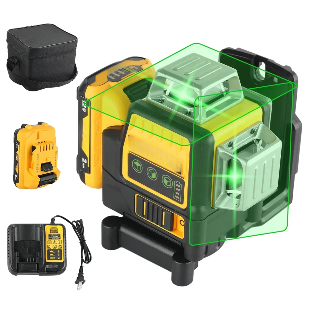 12-Line 360° Green Laser Level – 12V Rechargeable, 3-Sided Beam, for Indoor & Outdoor Use