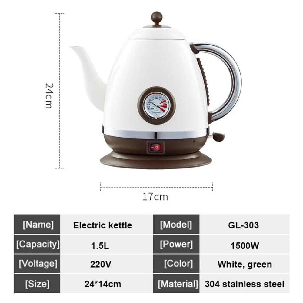 1.5L Cordless Electric Kettle 1500W Stainless Steel with Thermometer, Olive Green-AU