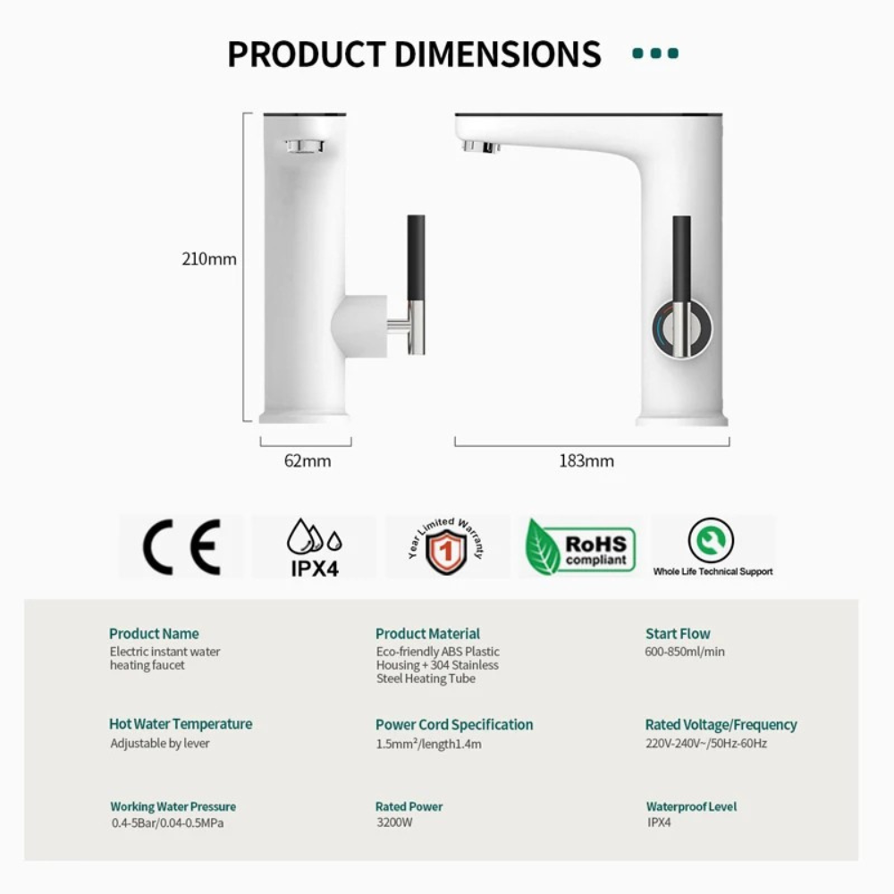 Electric Instant Hot Water Tap – 3200W Tankless Kitchen Faucet with Built-In Heating Element