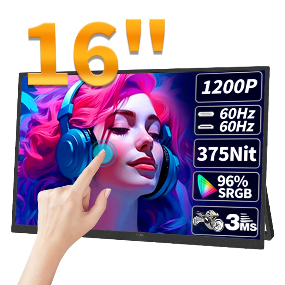 16" Portable Touchscreen Monitor – 16:10, 96% sRGB, Type-C/HDMI, Built-In Stand