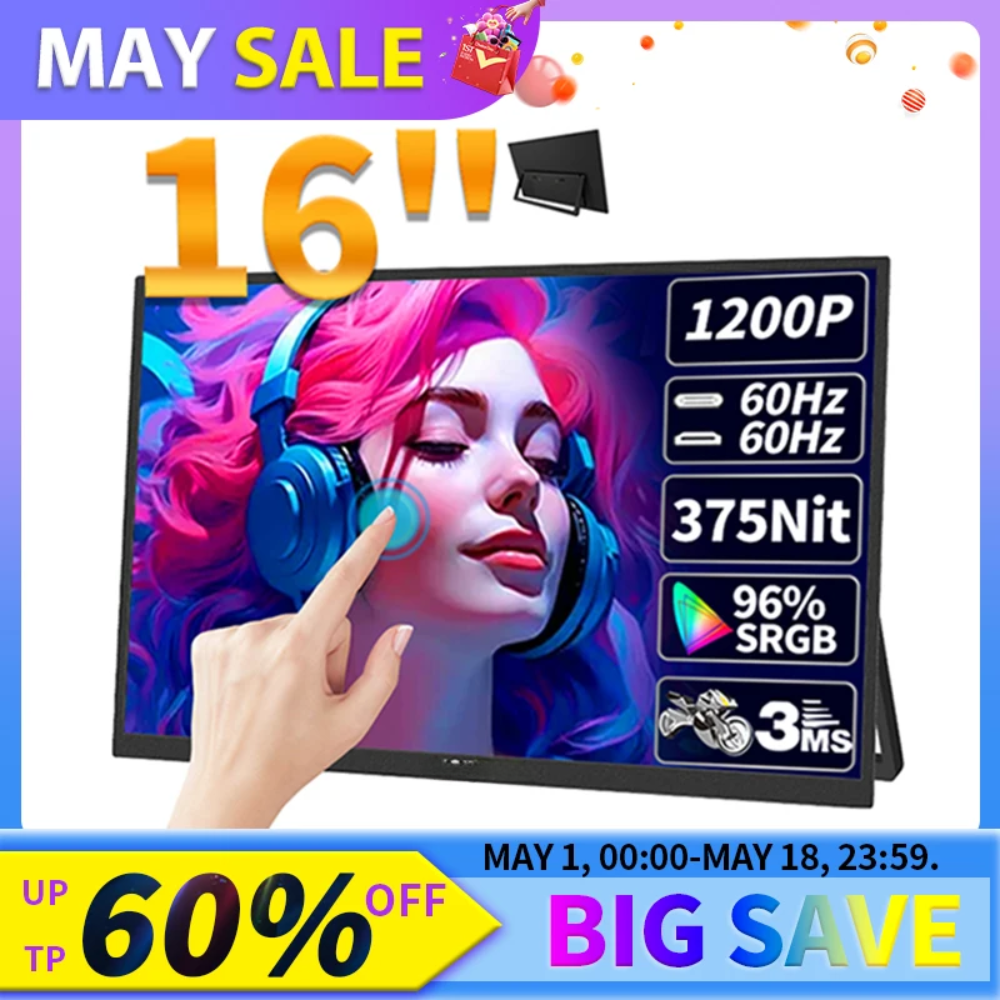 16" Portable Touchscreen Monitor – 16:10, 96% sRGB, Type-C/HDMI, Built-In Stand