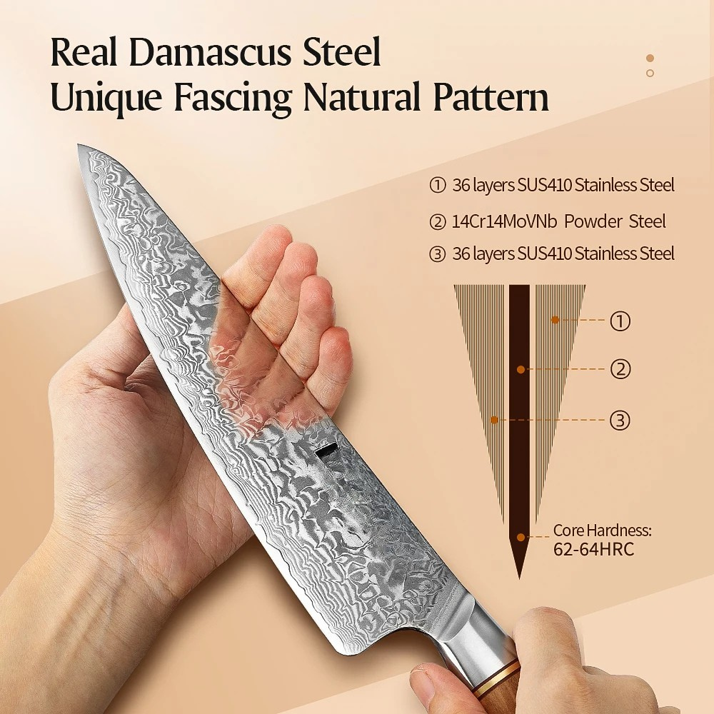 Professional 8.5" Damascus Kitchen Knife with Copper Rivets