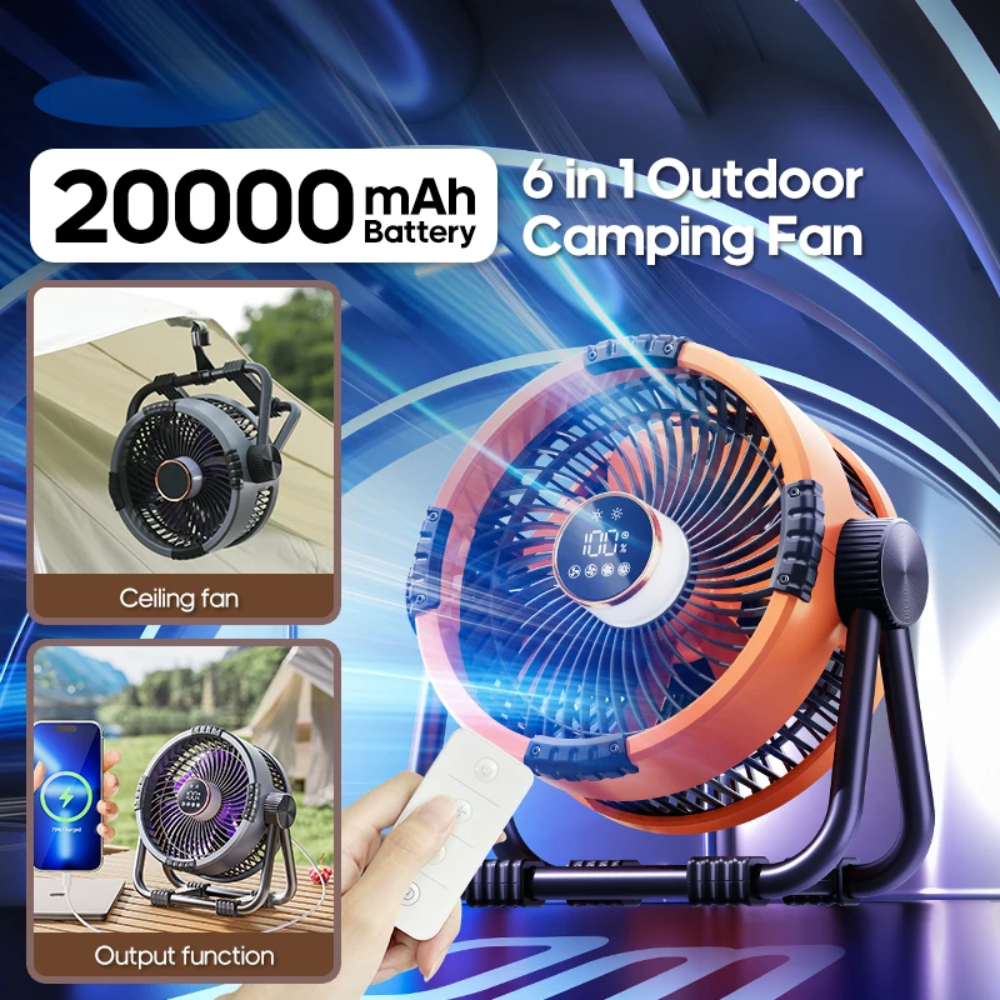 Rechargeable Outdoor Fan with LED Light, 4 Speeds & 20000mAh Battery