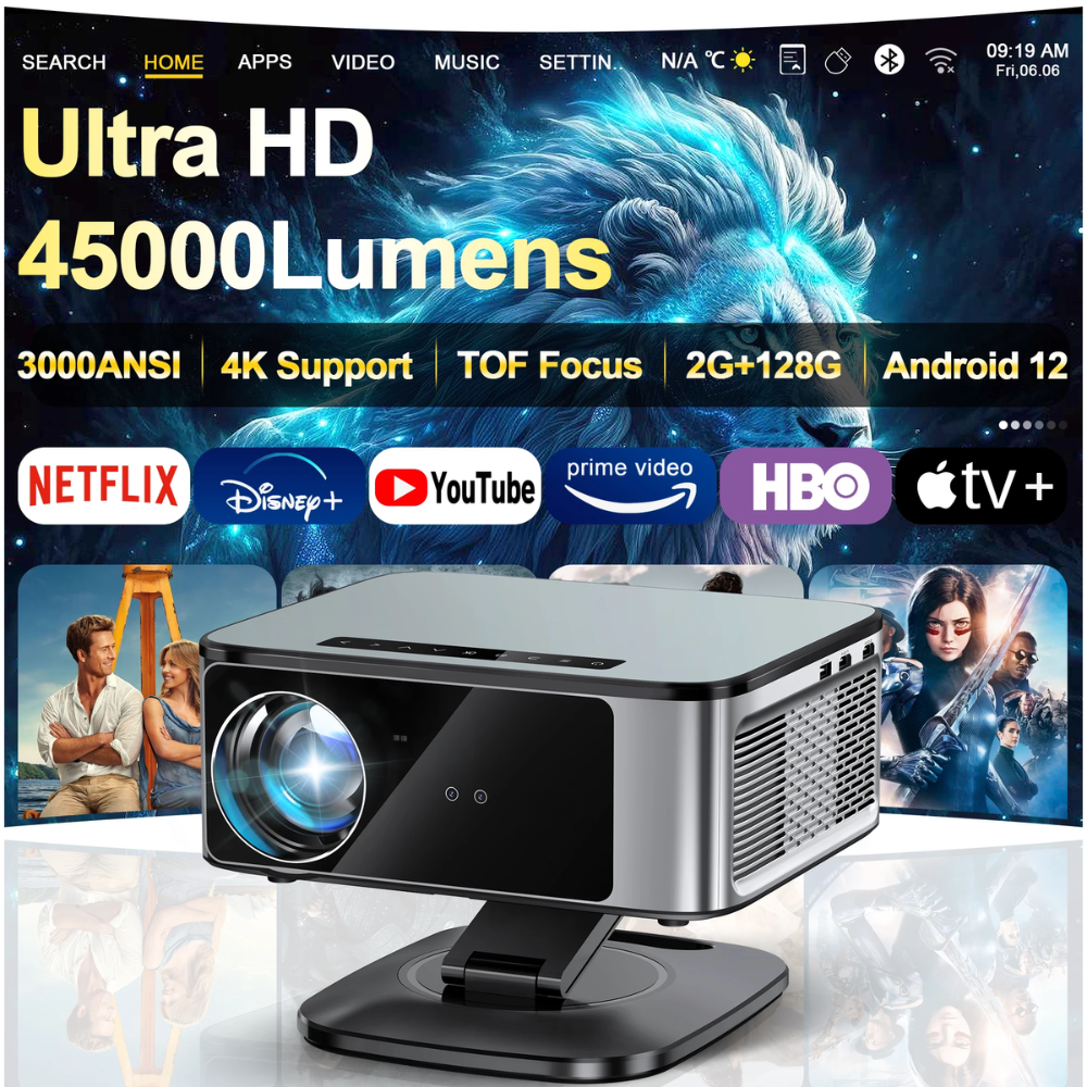 4K UHD Home Theater Projector with 3000 ANSI Lumens, Auto Focus, and Android 12