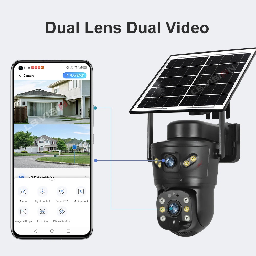 Wireless Outdoor Solar Camera 4G, Dual Lens, PIR Detection, Full-Color Night Vision