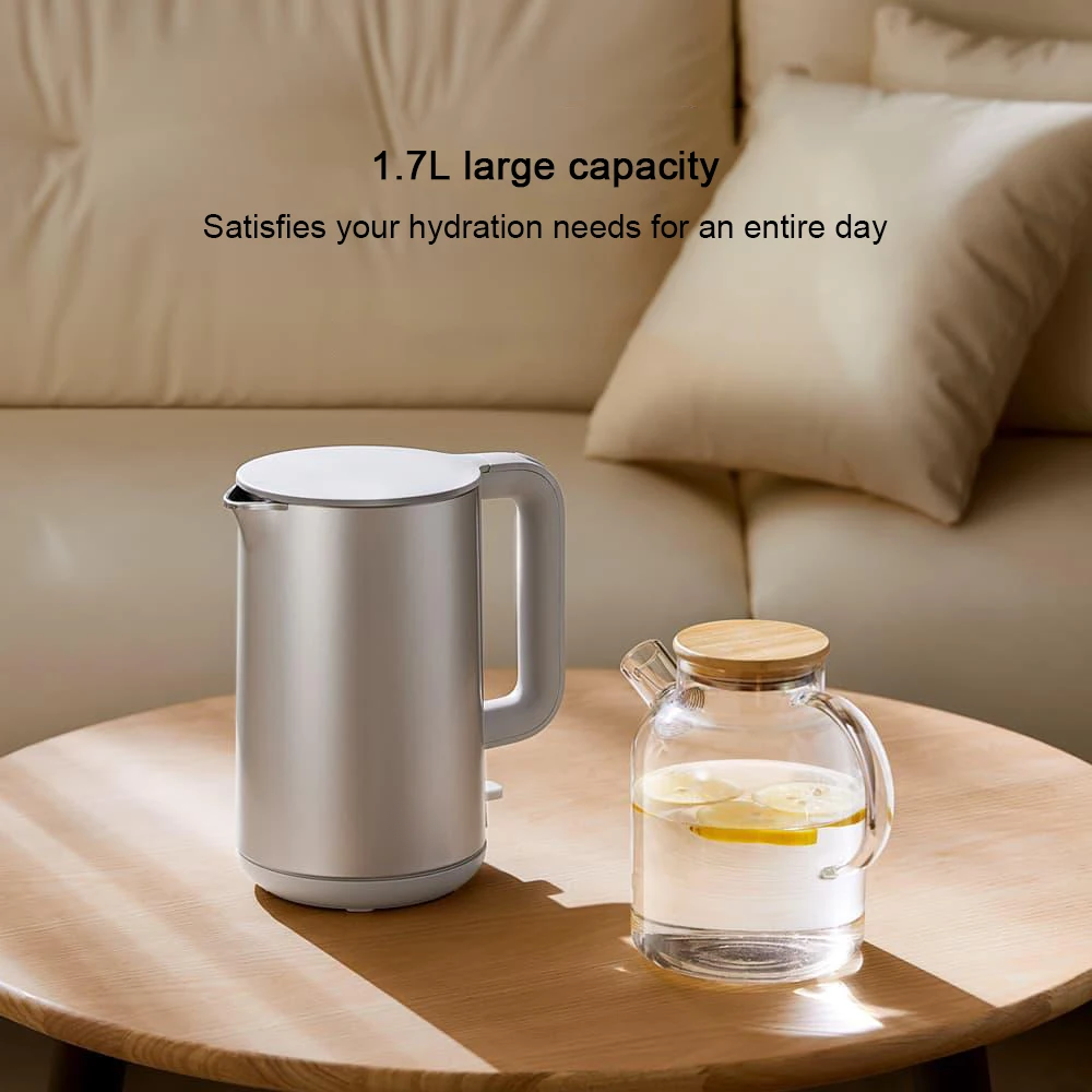 1.7L Electric Kettle with Double Wall, 1800W Fast Boil & 4 Safety Protections