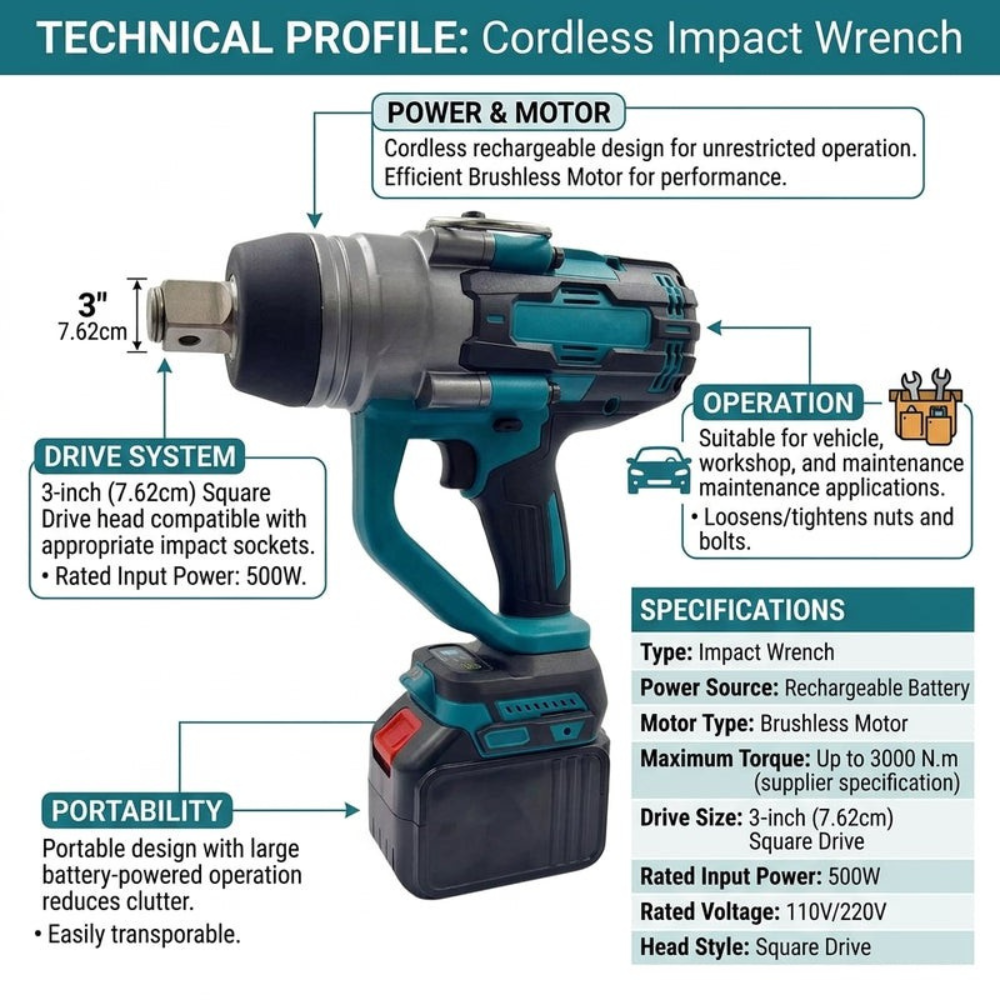 Brushless Cordless Impact Wrench with Rechargeable Battery and Square Drive
