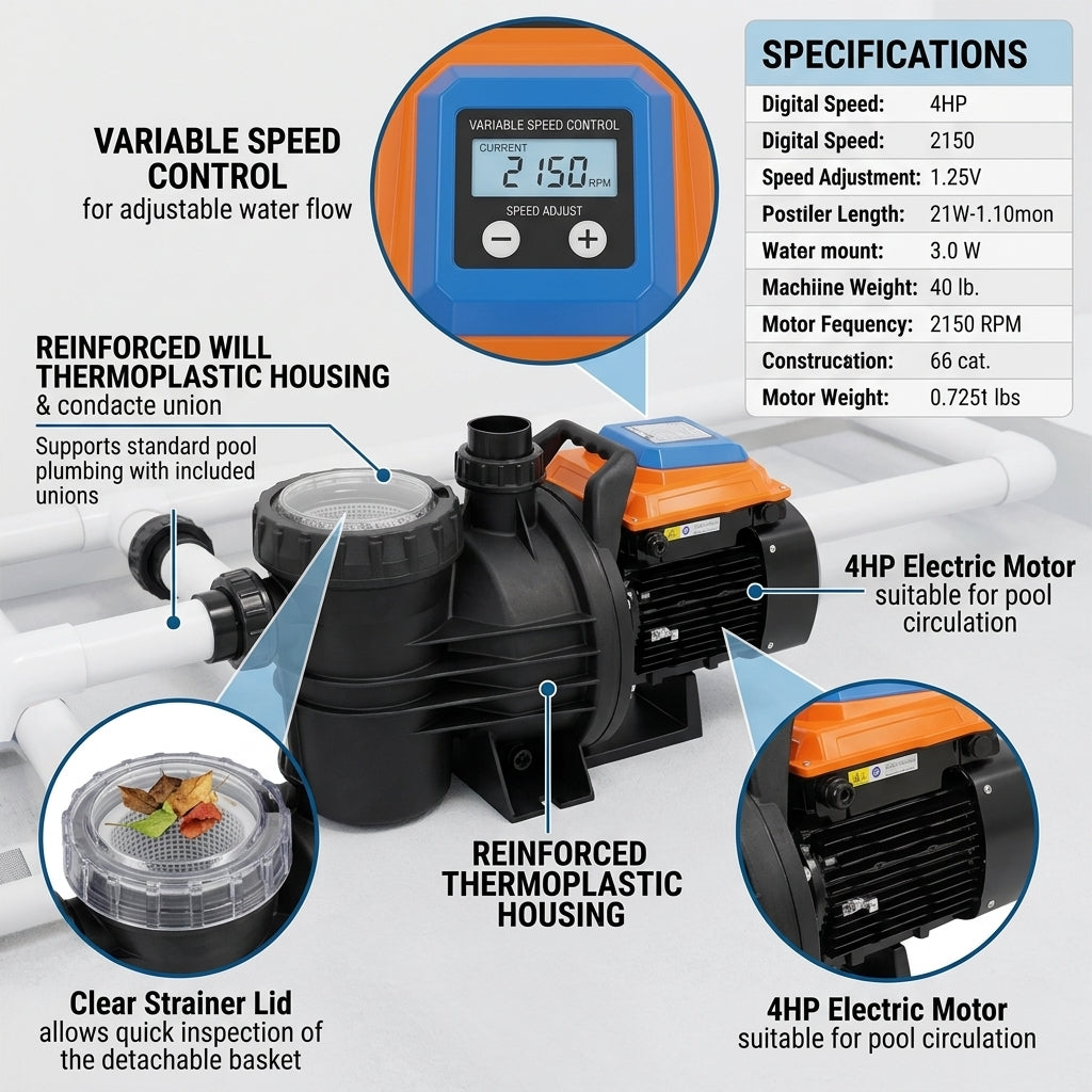 4HP Variable Speed Electric Pool Pump with Self-Priming Strainer Basket