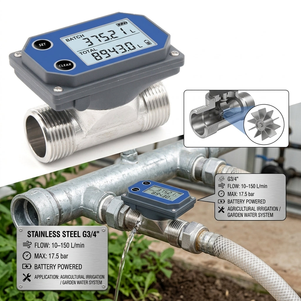 Rechargeable Digital Water Flow Meter 3/4 Inch Stainless Steel for Irrigation