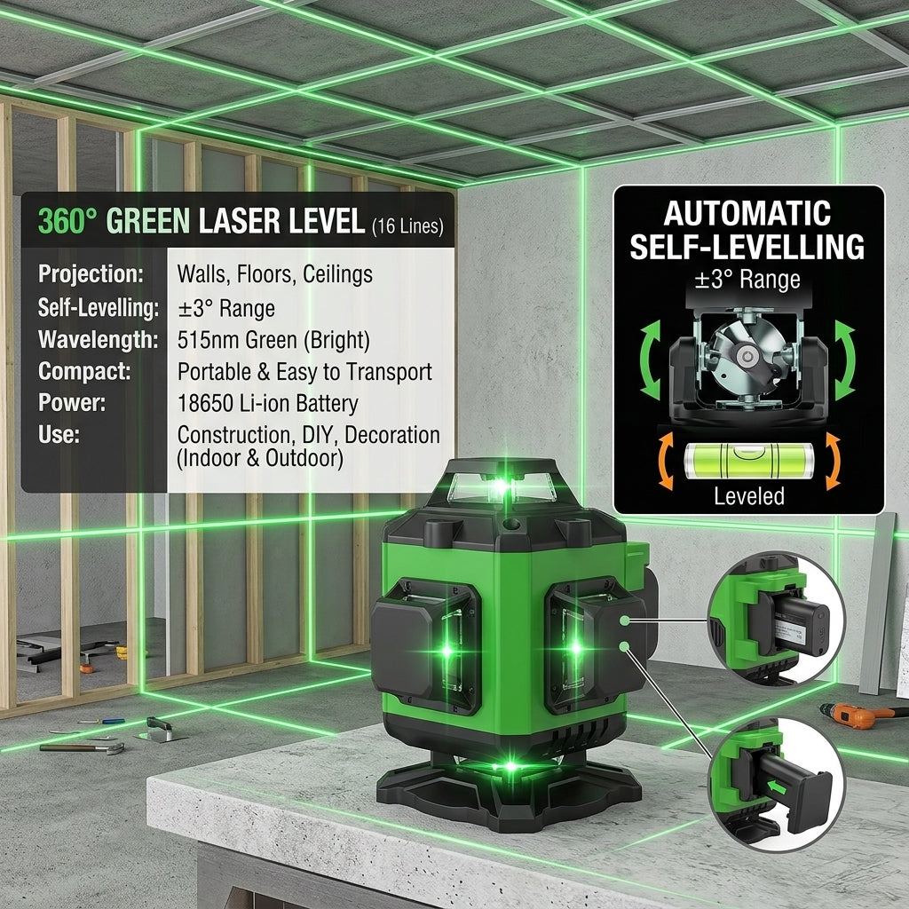 Portable Green Laser Level with 8/12/16 Lines and Automatic Self-Levelling