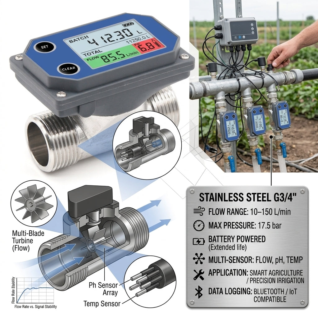 Rechargeable Digital Water Flow Meter 3/4 Inch Stainless Steel for Irrigation