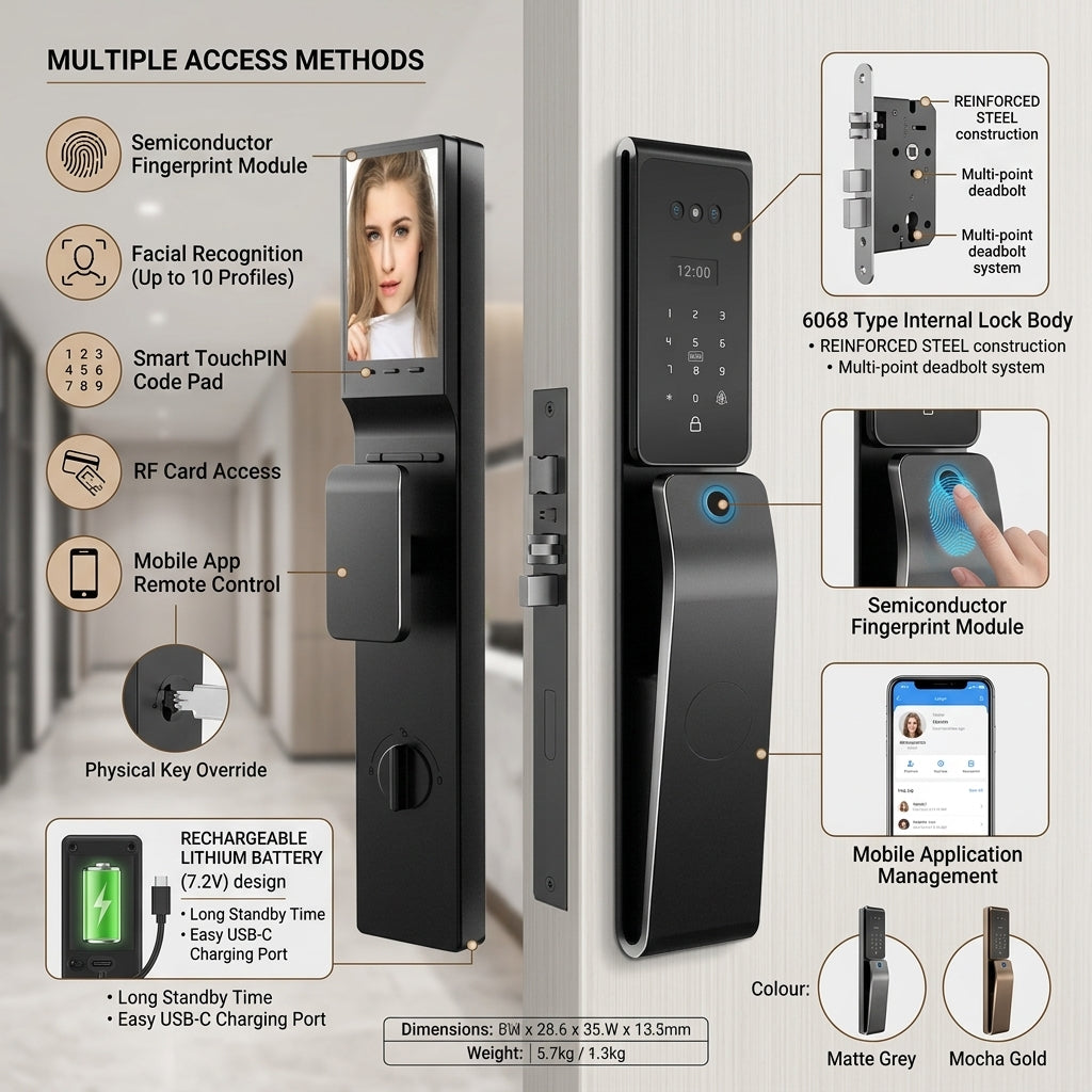 Aluminium Alloy Smart Door Lock with Face Scan, Fingerprint and PIN Access