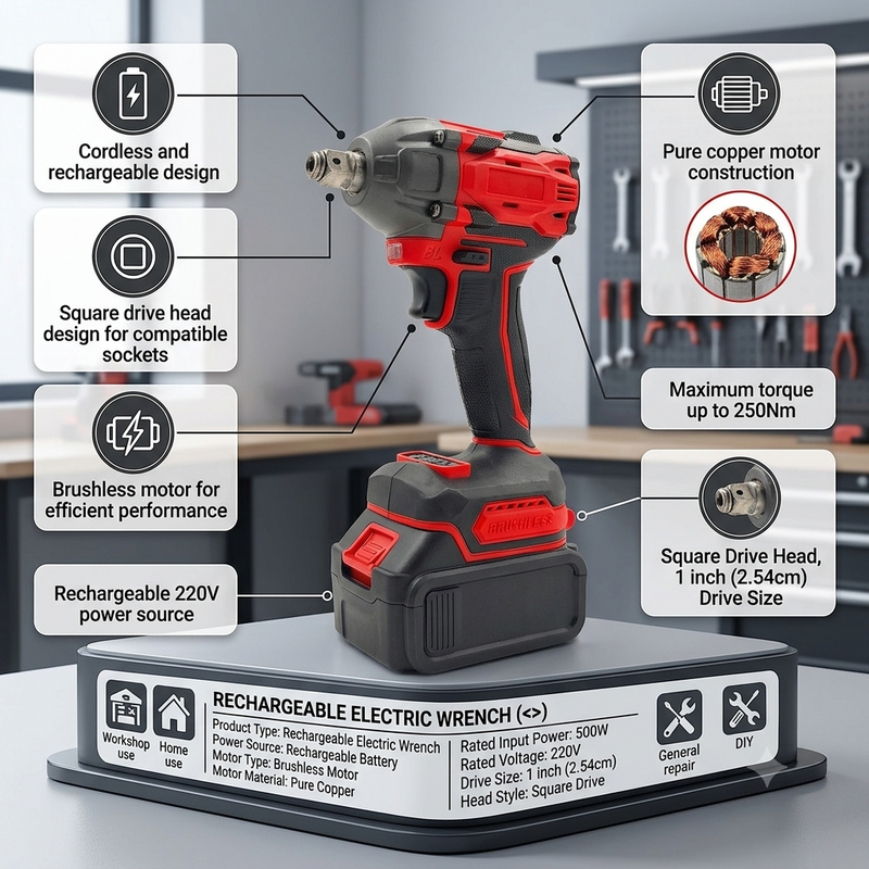 Cordless Electric Impact Wrench with Brushless Motor and 250Nm Maximum Torque