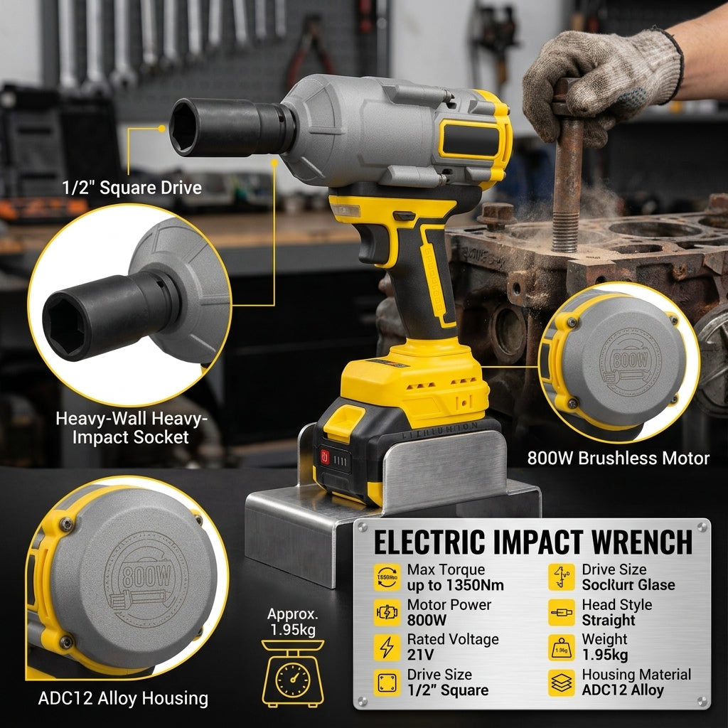 21V Electric Impact Wrench 1350Nm Torque with 1/2" Square Drive