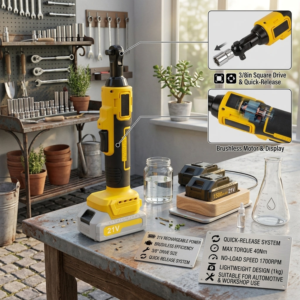 21V Cordless Ratchet Wrench with Brushless Motor, 3/8in Drive and 40Nm Torque