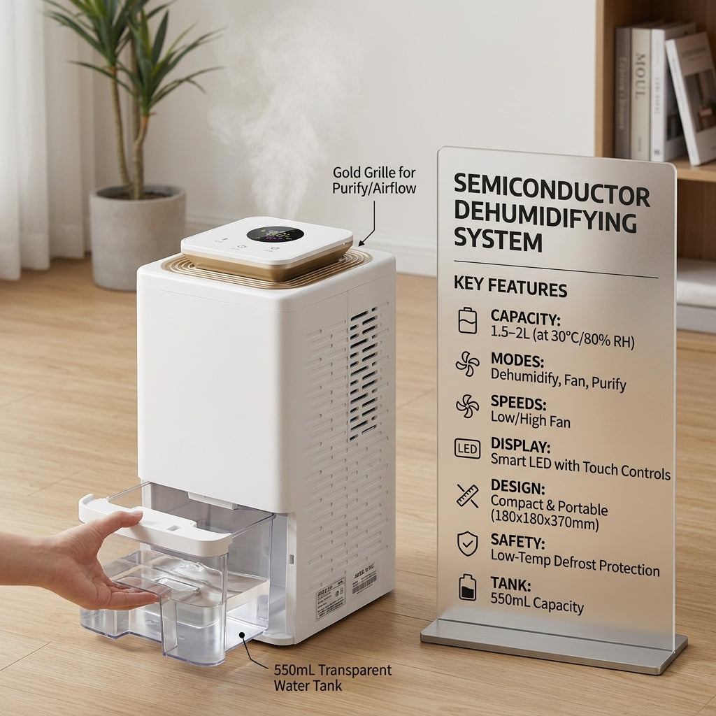 Portable 60W Dehumidifier with Dual Fan Speeds, LED Display and Purify Mode