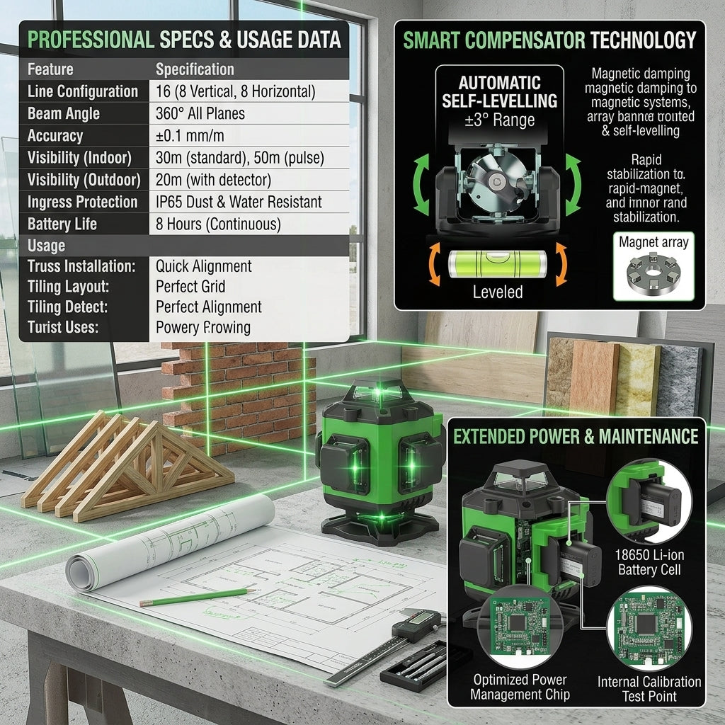 Portable Green Laser Level with 8/12/16 Lines and Automatic Self-Levelling